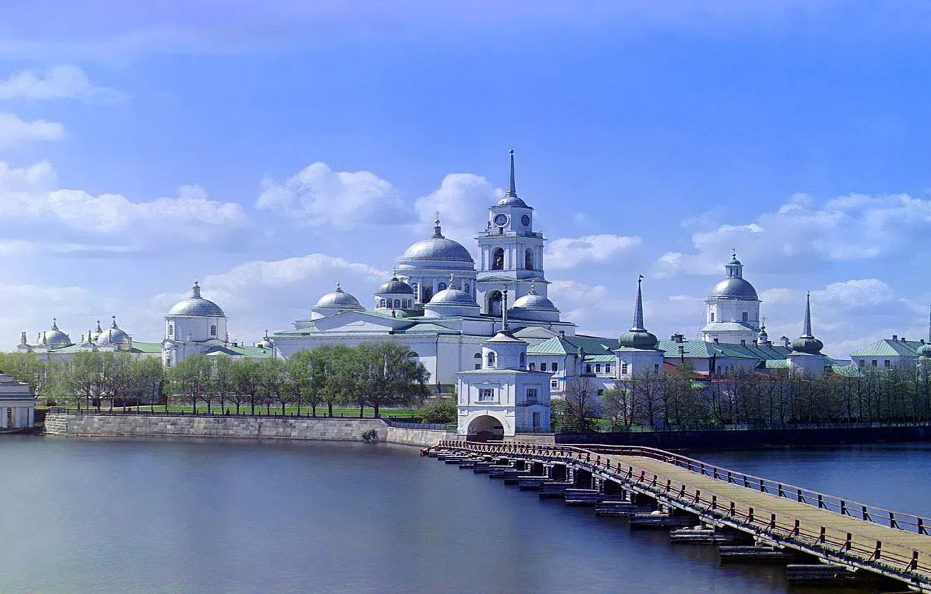 Photo wallpaper the sky, trees, bridge, lake, river, spring, Cathedral, the dome