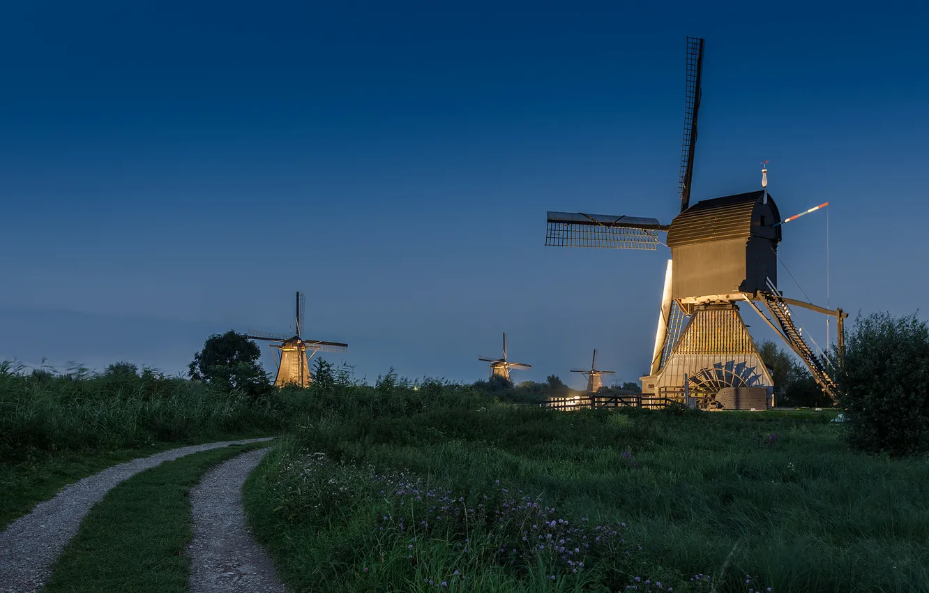 Photo wallpaper road, the sky, the evening, Netherlands, windmill
