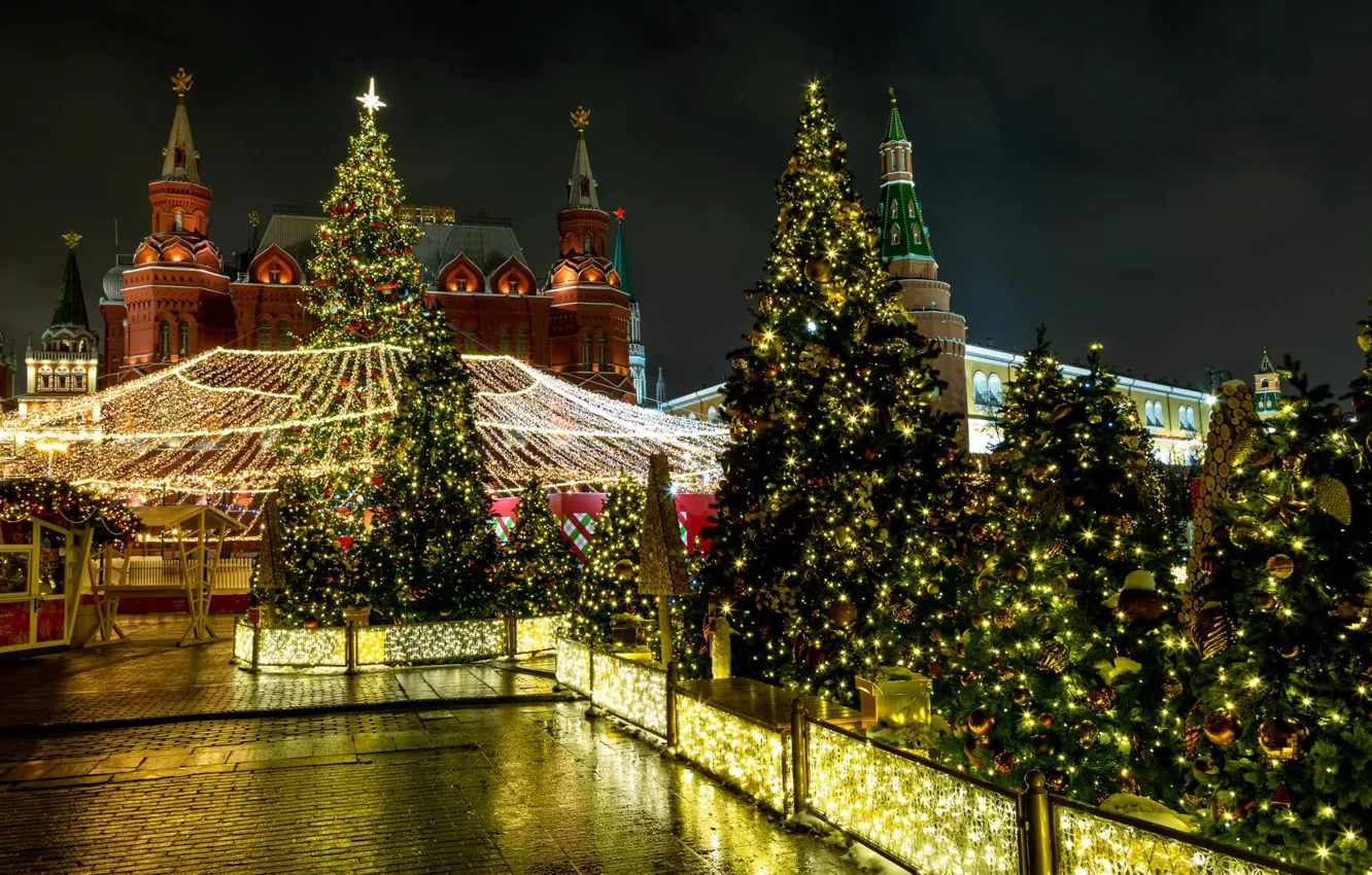 Photo wallpaper winter, night, the city, new year, Moscow, tower, The Kremlin, tree