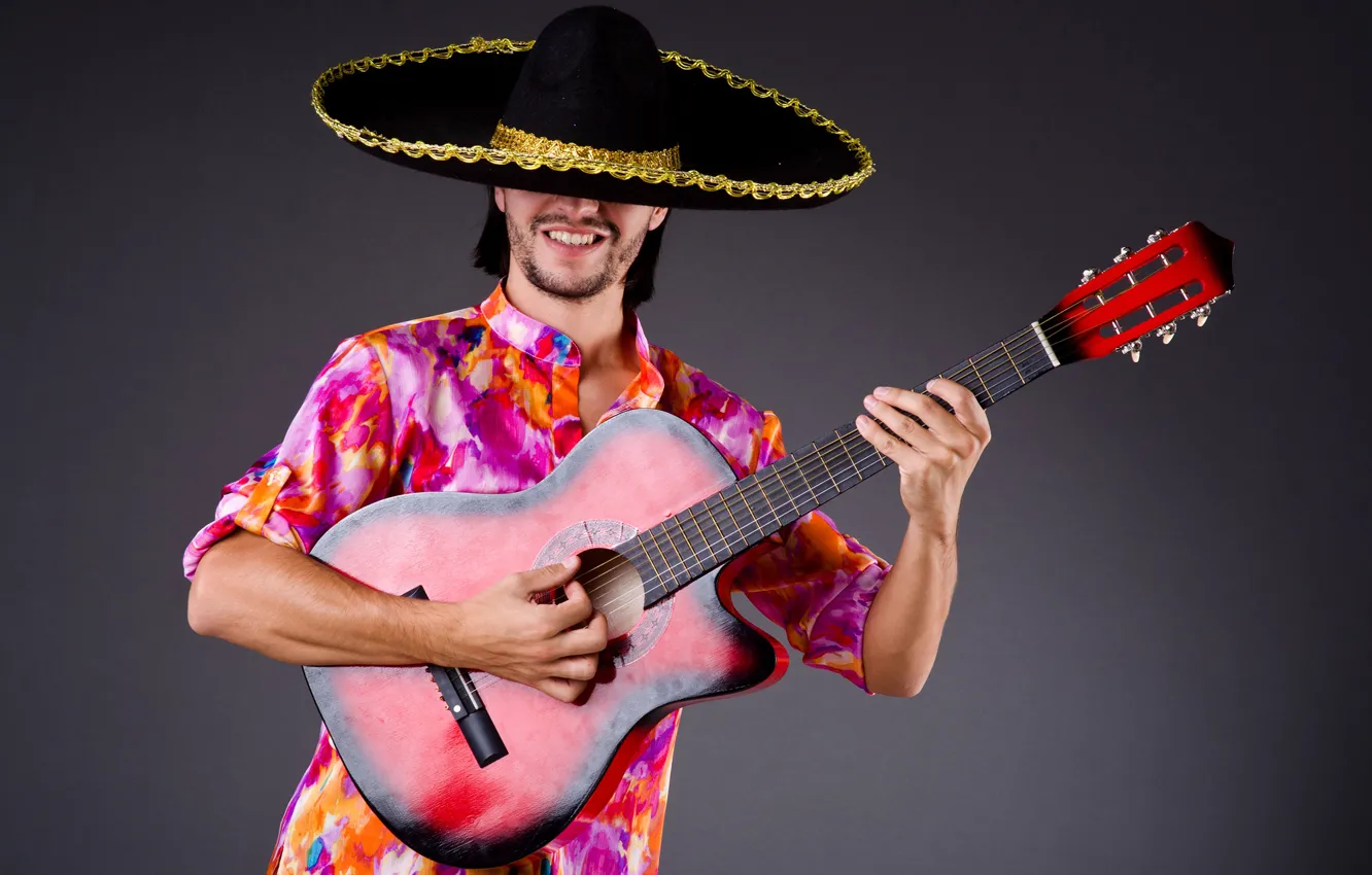 Photo wallpaper pose, background, guitar, hat, outfit, male, shirt, guy