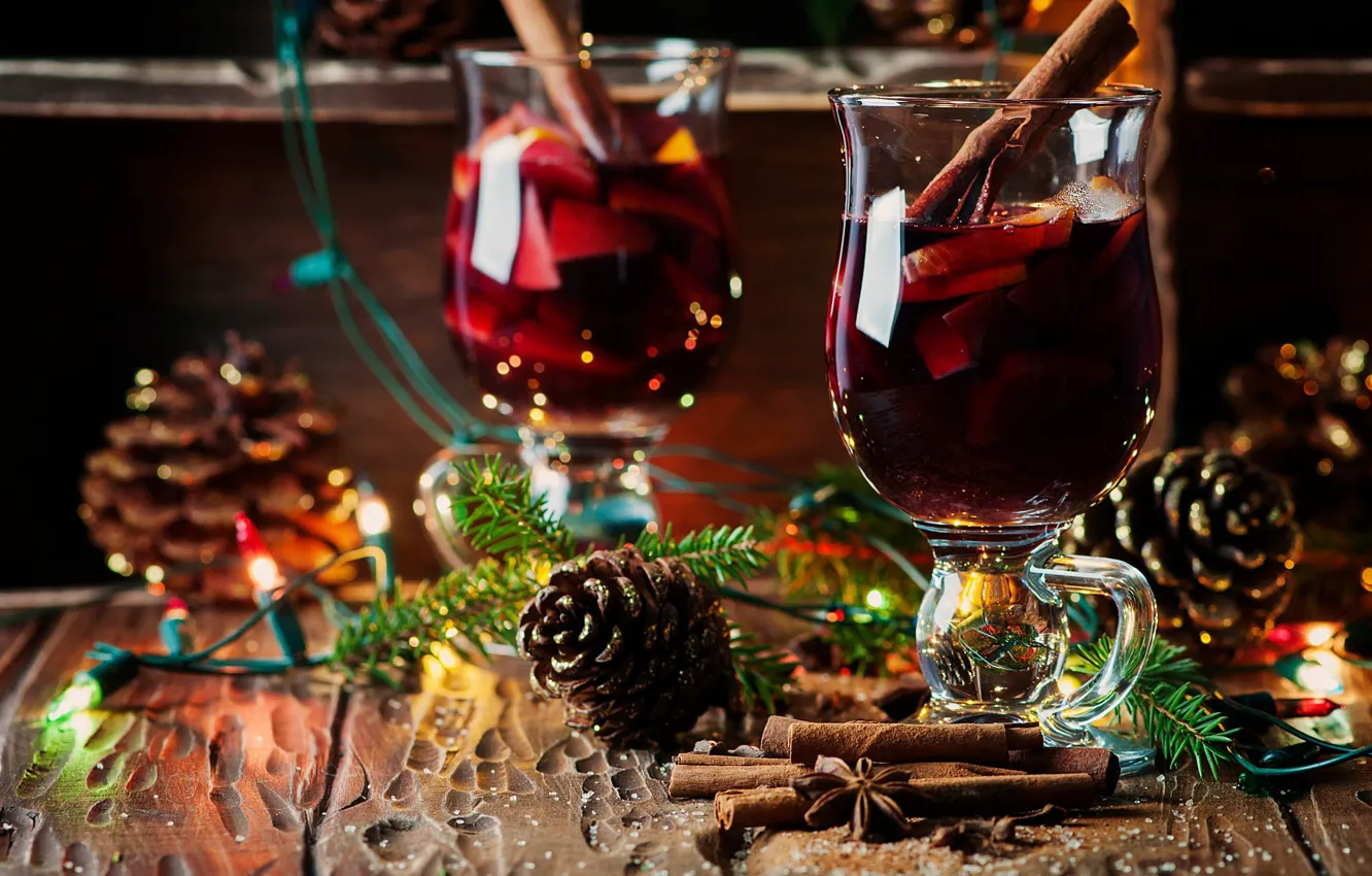 Photo wallpaper holiday, Board, new year, Christmas, glasses, tree, drink, needles