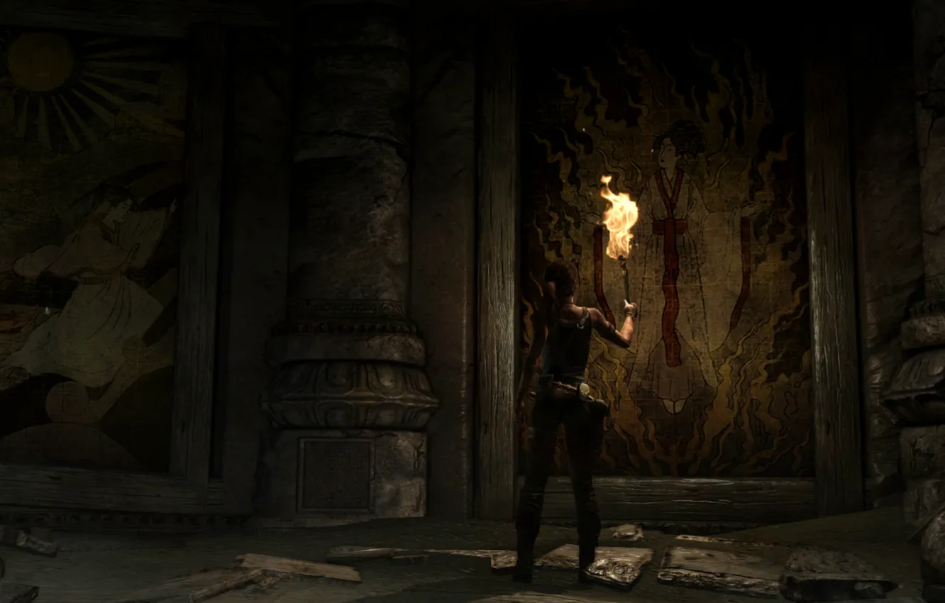 Photo wallpaper torch, Tomb Raider, ruins, Lara Croft, murals, Damn place