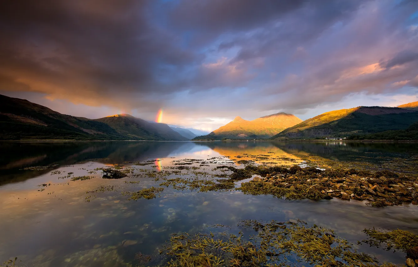 Photo wallpaper clouds, mountains, clouds, rainbow, Scotland, Loch Leven