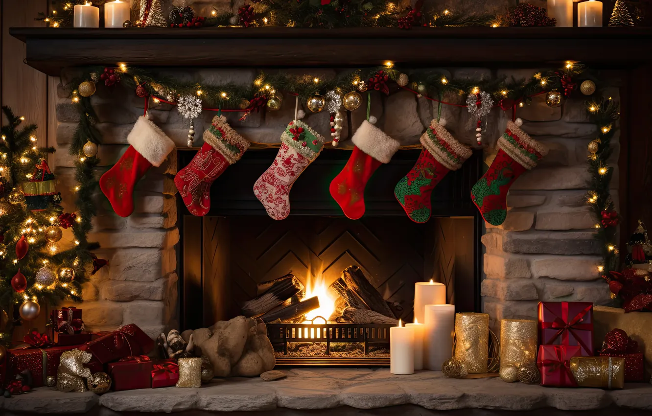 Photo wallpaper decoration, room, gift, tree, new year, interior, Christmas, fireplace