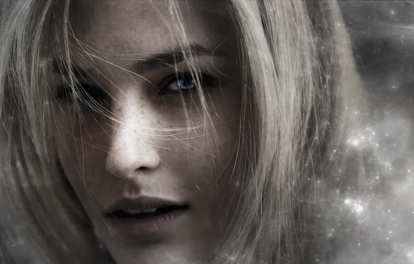 Photo wallpaper girl, face, hair, art, freckles, blue eyes