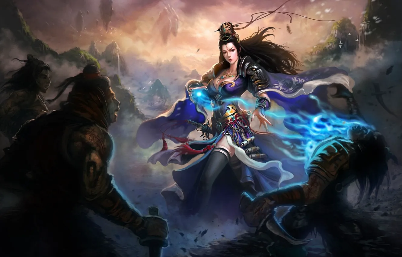 Photo wallpaper girl, weapons, war, magic, art, knife, attack, male