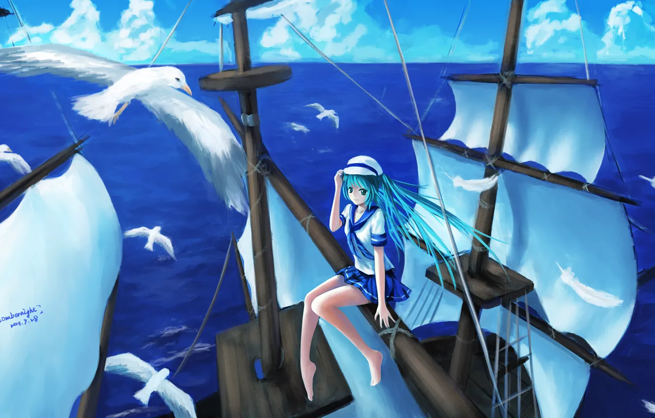 Photo wallpaper the sky, girl, clouds, the ocean, ship, height, seagulls, anime