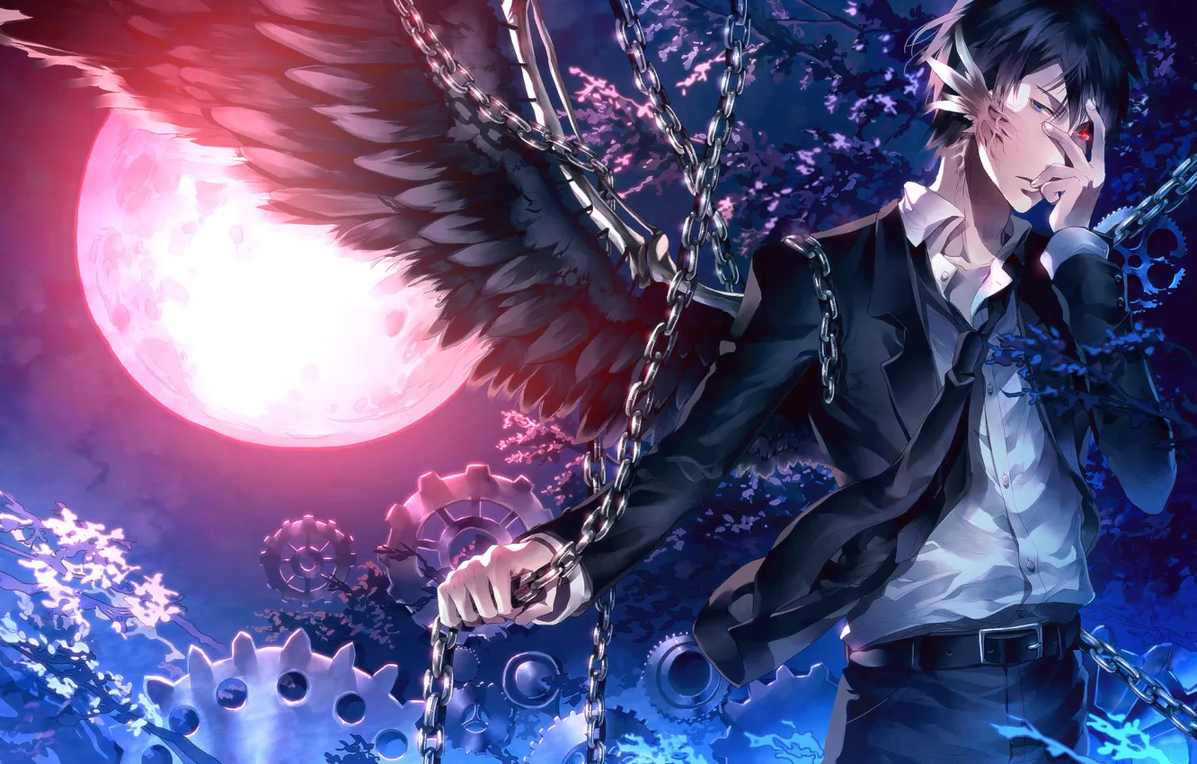 Photo wallpaper trees, night, the moon, wings, anime, art, chain, guy