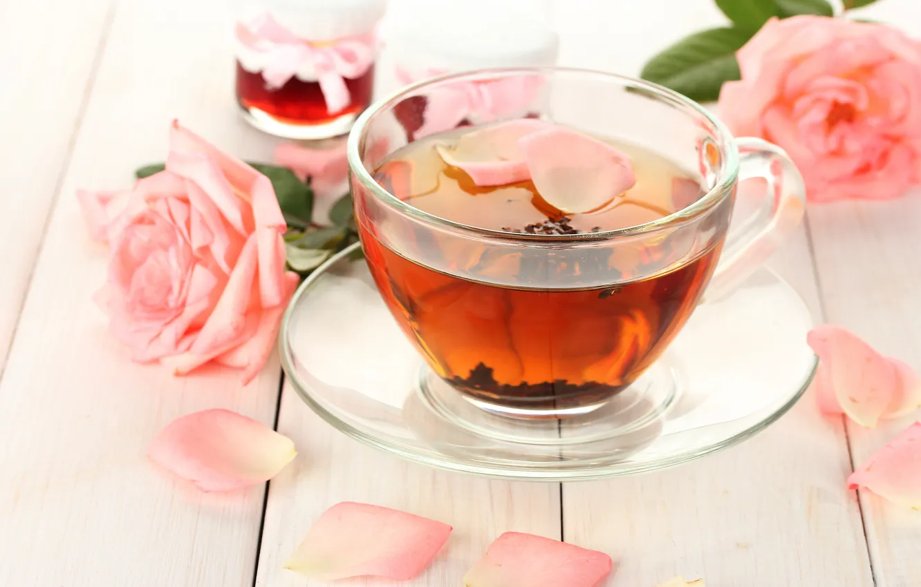 Photo wallpaper flowers, tea, roses, petals, jars, Cup, pink, jam