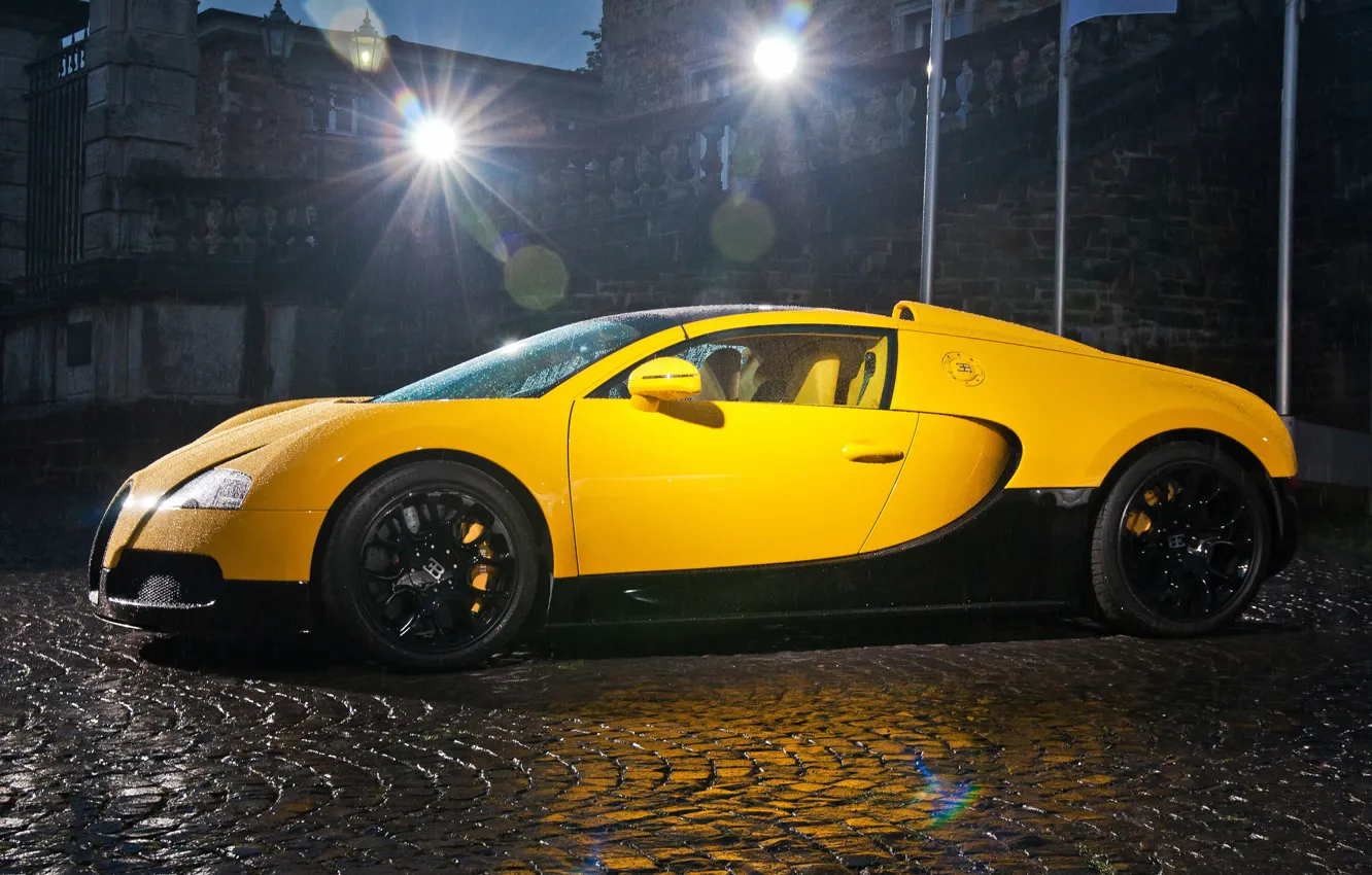 Photo wallpaper Bugatti, veyron, light, supercar, rain, yellow, drop, night