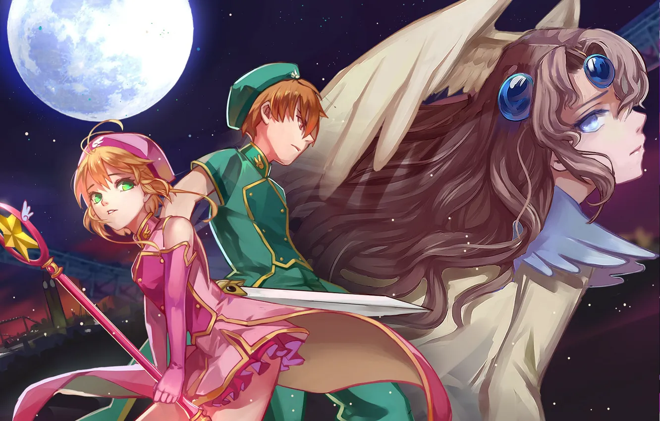 Photo wallpaper night, anime, art, girl, guy, Card Captor Sakura, Sakura-collector cards