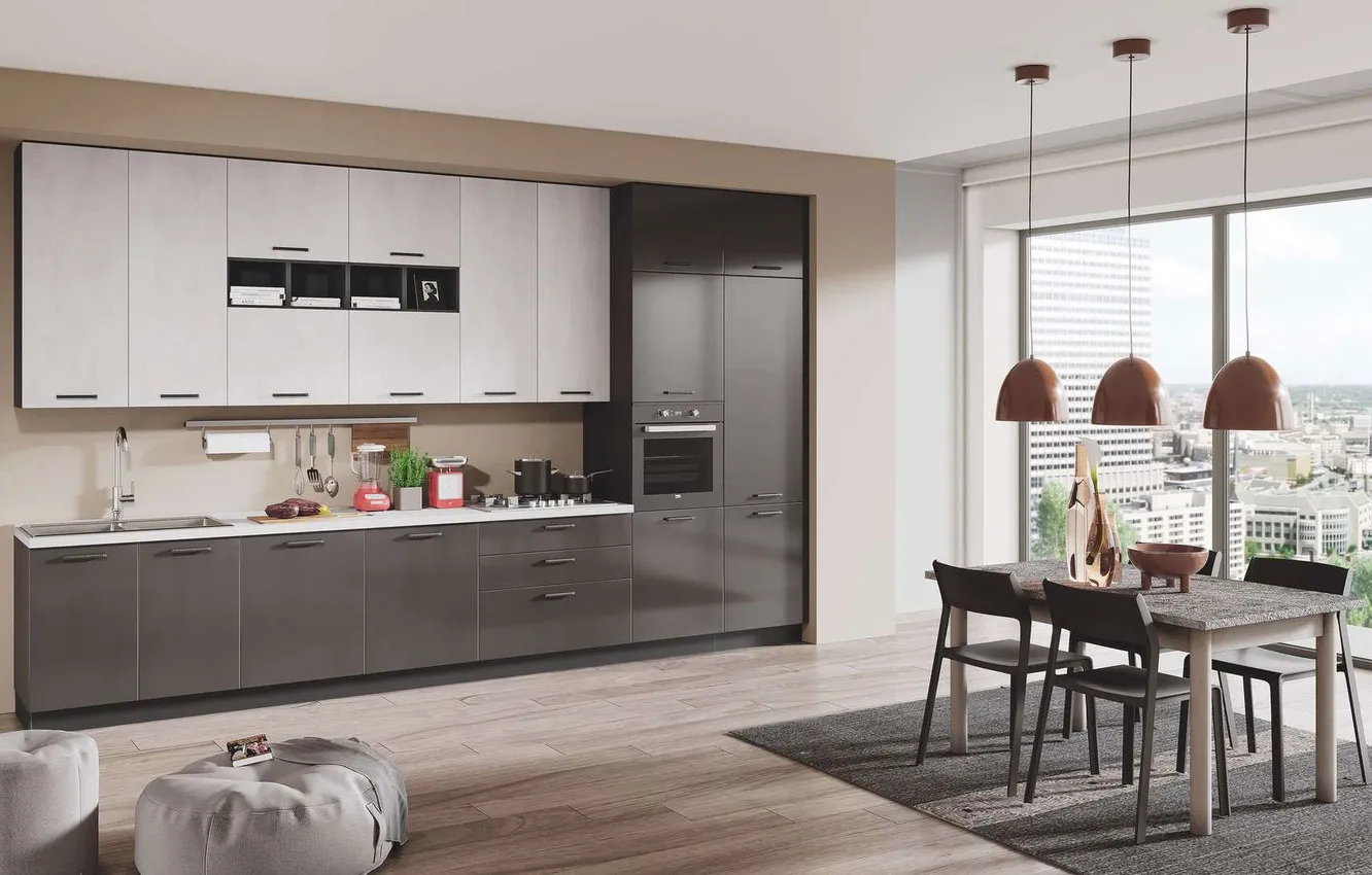 Photo wallpaper style, interior, dining room, city apartment, Italian design, Modern kitchen, glossy cyrus anthracite and white …