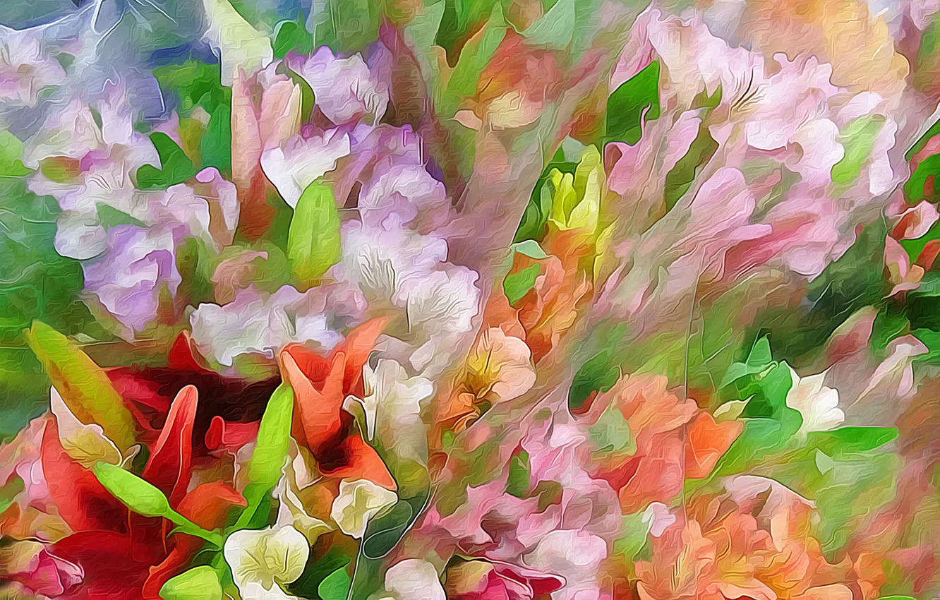 Photo wallpaper leaves, flowers, rendering, figure, vector, petals, meadow, flowerbed