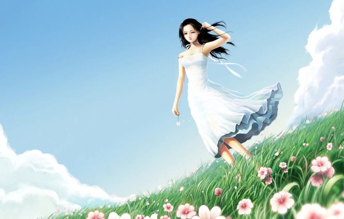 Photo wallpaper field, grass, flowers, figure