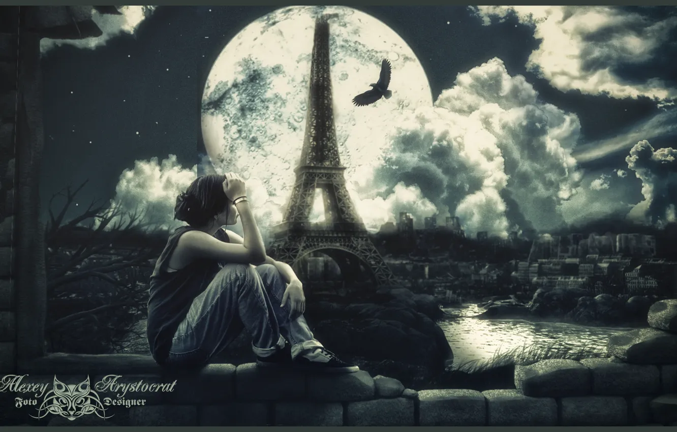 Photo wallpaper the moon, tower, Girl