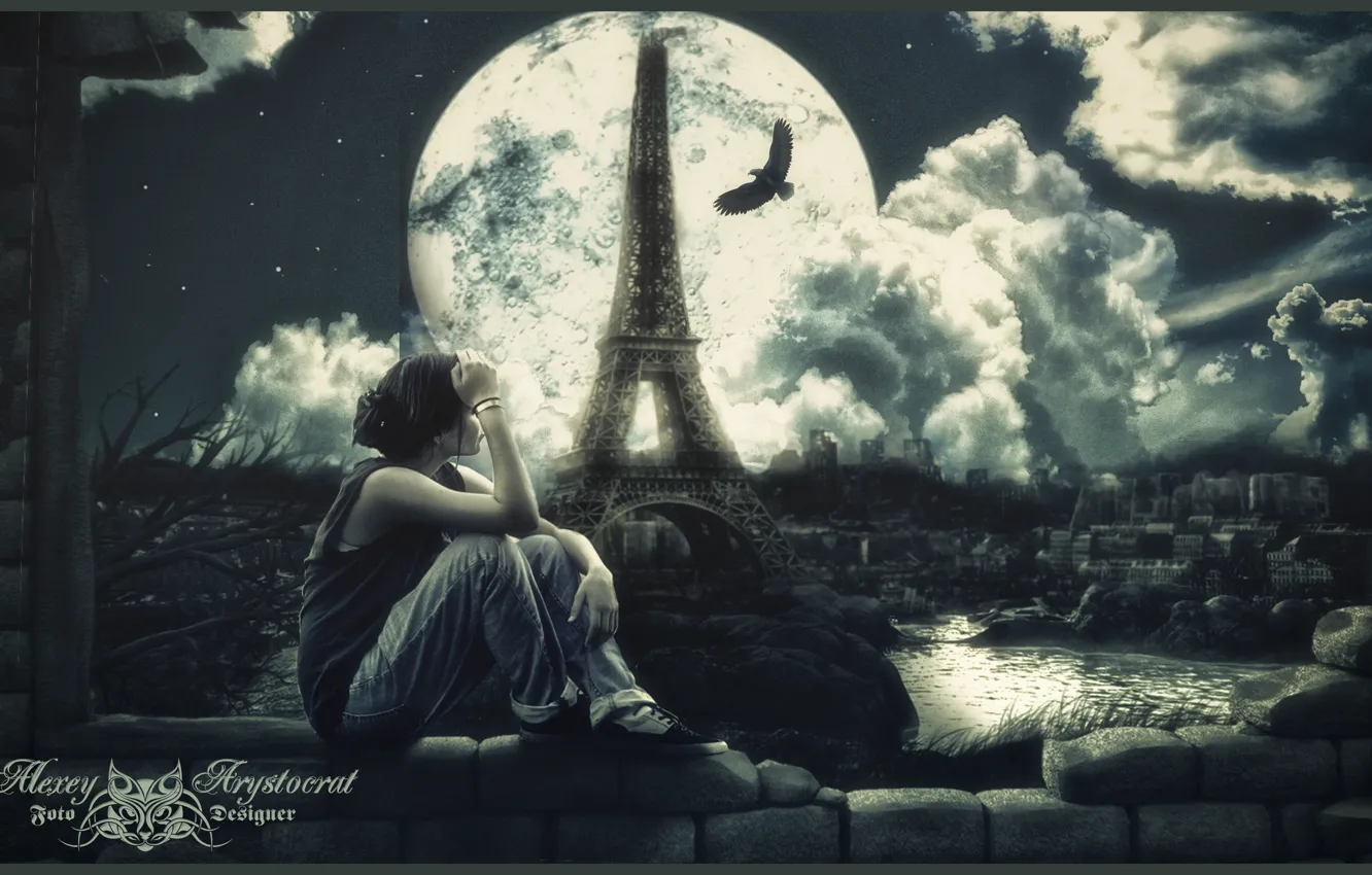 Photo wallpaper girl, the moon, tower