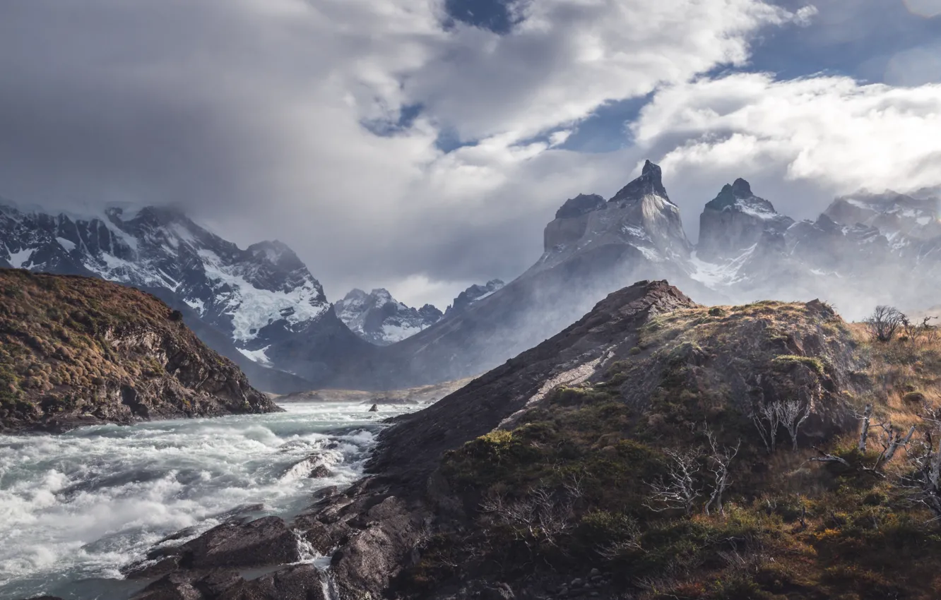 Photo wallpaper the sky, clouds, mountains, stones, vegetation, mountain river, shrub, the rapid flow