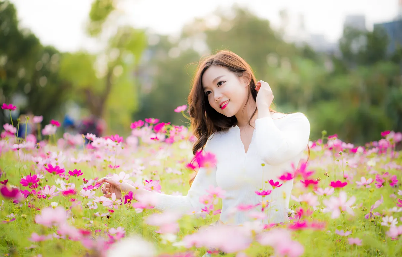 Photo wallpaper flowers, pose, model, portrait, makeup, hairstyle, brown hair, blouse