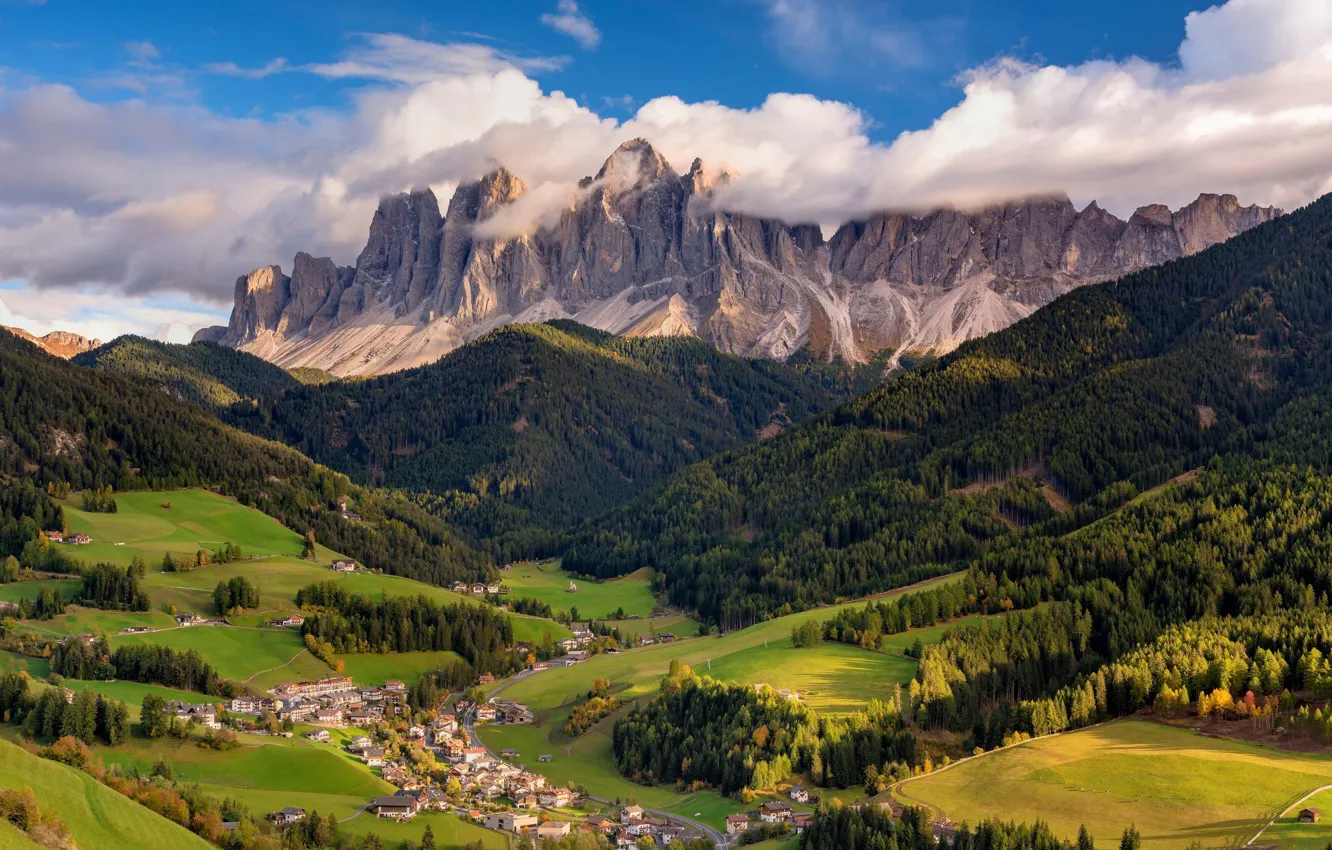 Photo wallpaper sky, landscape, Italy, nature, mountains, clouds, village, dolomites