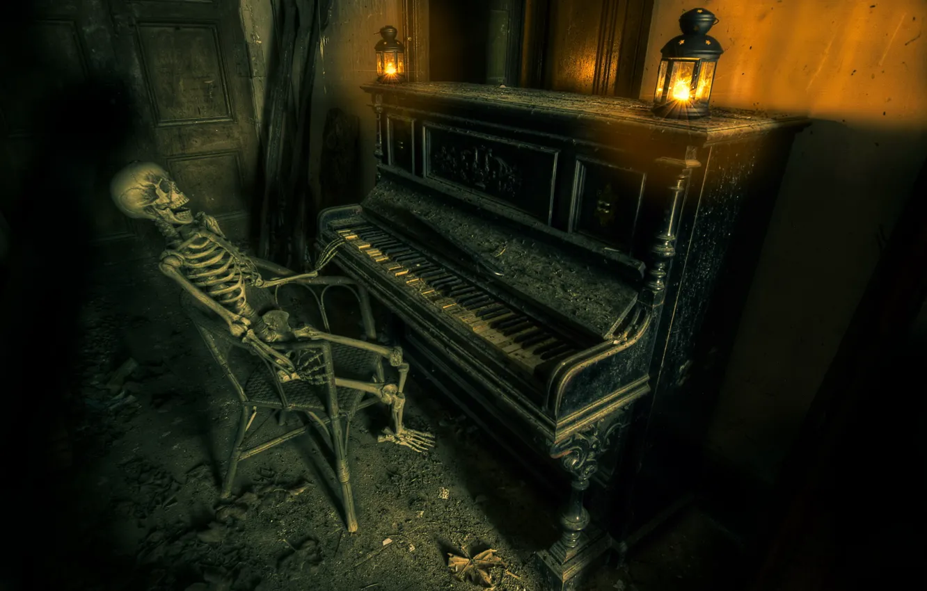 Photo wallpaper music, skeleton, piano