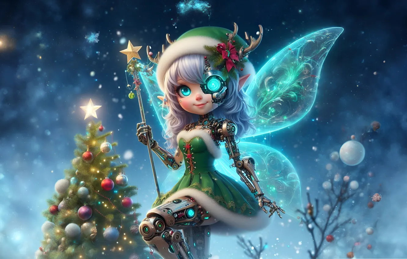 Photo wallpaper elf, tree, new year, Christmas, cyborg