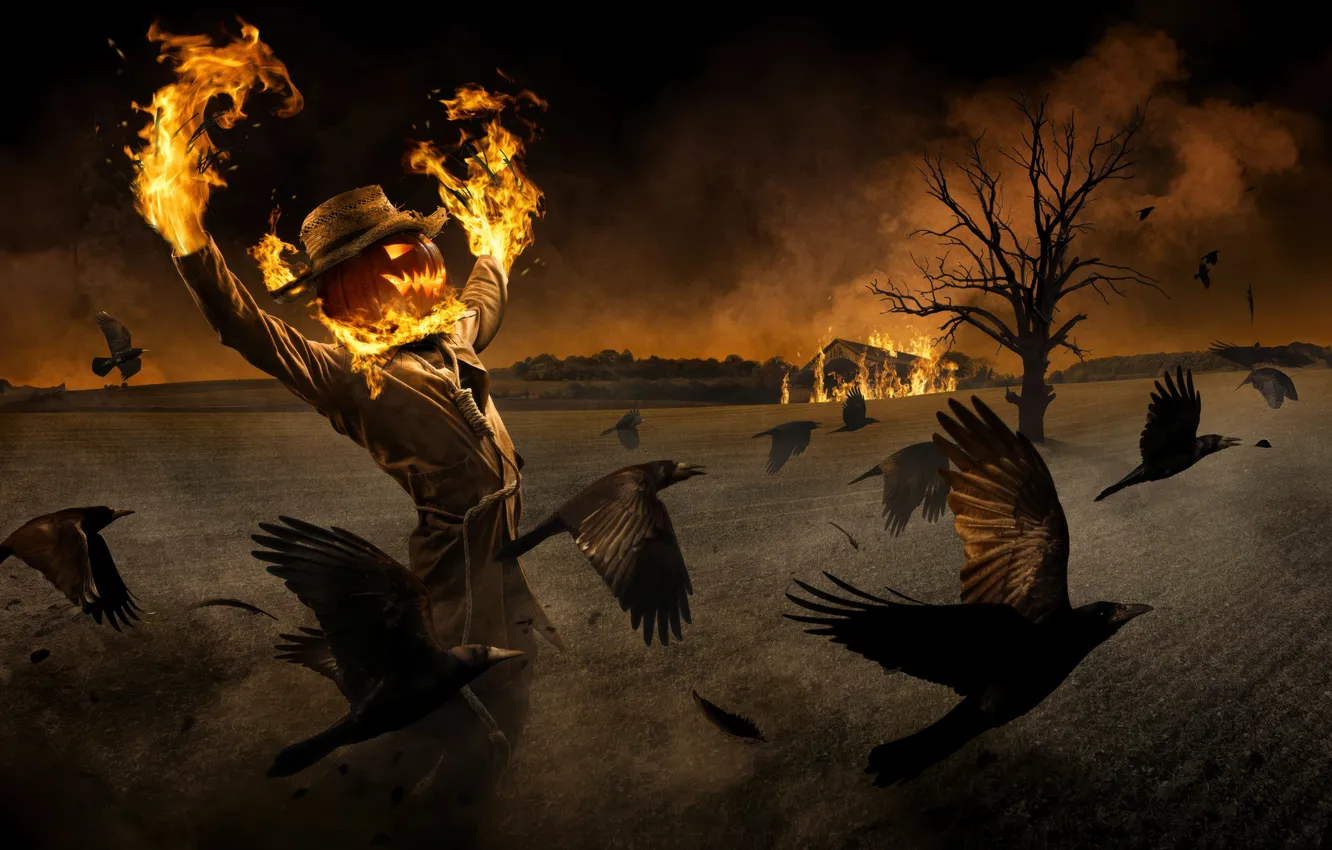 Photo wallpaper Halloween, fire, horror, Gothic, scary, scarecrow, burning, spooky