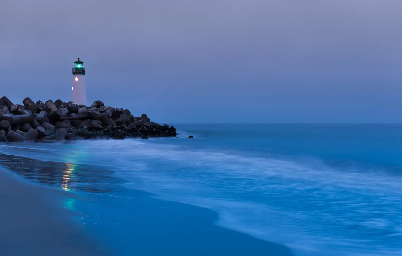 Photo wallpaper sand, light, stones, the ocean, shore, lighthouse, CA, surf