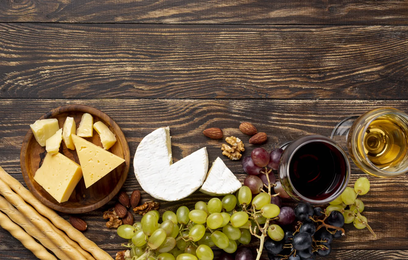 Photo wallpaper piece, wine, cheese head, piece, almonds, breadsticks, Board, nuts