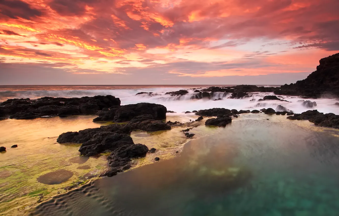 Photo wallpaper sea, the sky, clouds, sunset, stones, the ocean, rocks, Australia