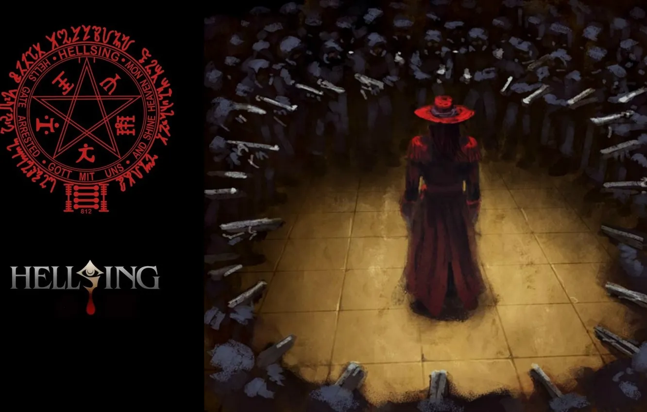 Photo wallpaper weapons, ambush, soldiers, symbol, Hellsing, pentagram, Hellsing, Alucard