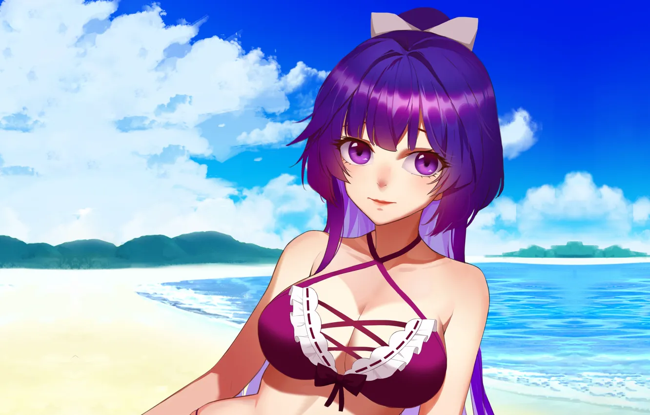 Photo wallpaper girl, sexy, cleavage, beach, sky, long hair, sea, boobs