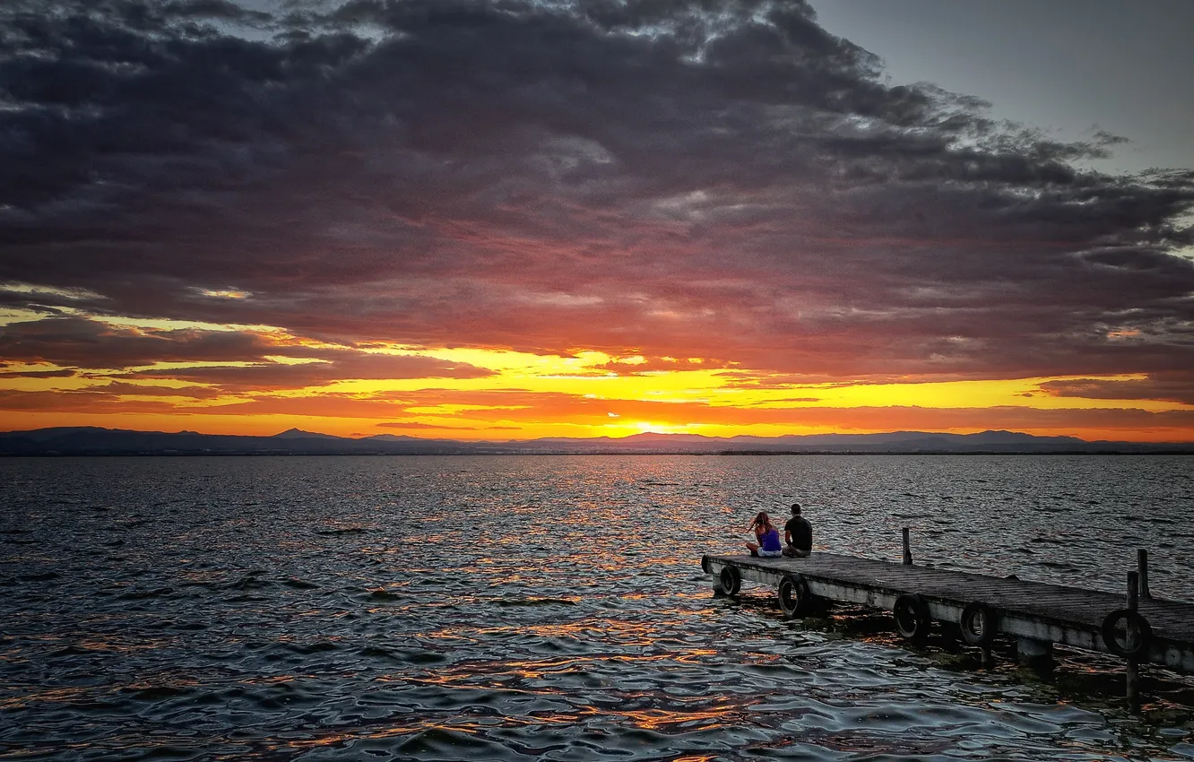 Photo wallpaper wave, the sky, the sun, clouds, sunset, mountains, lake, pier