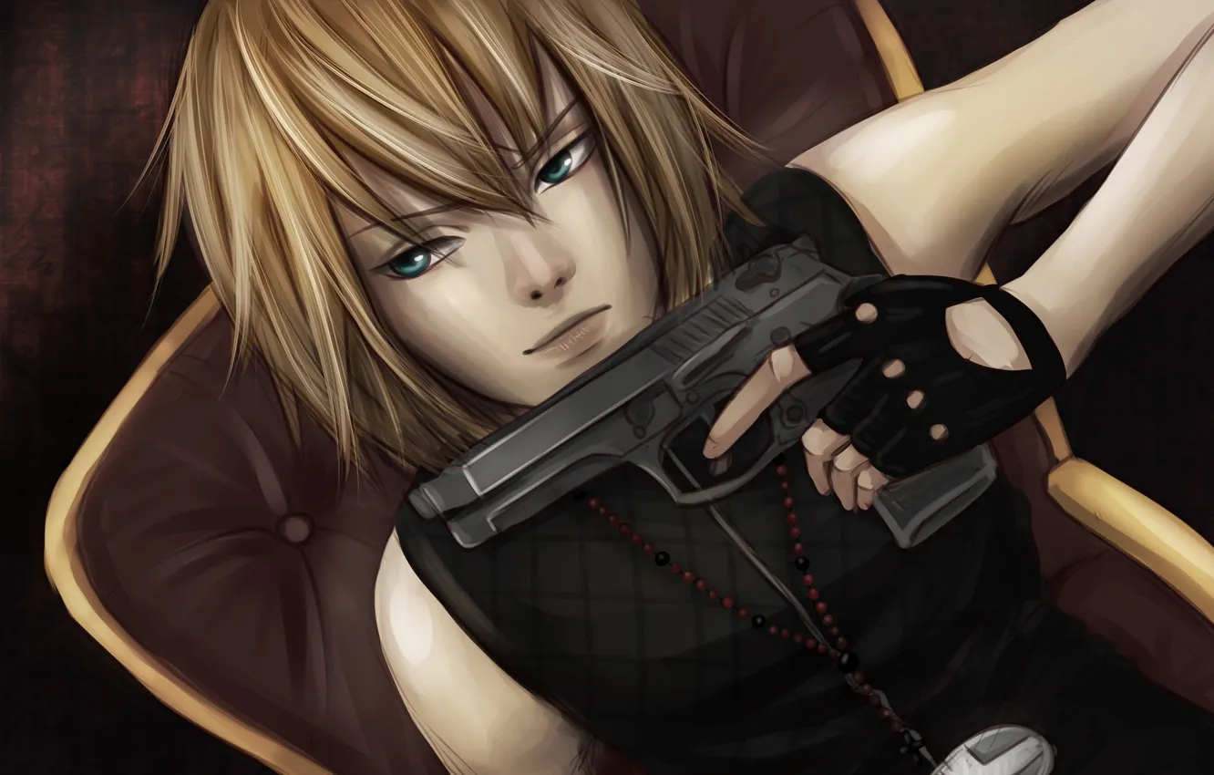 Photo wallpaper gun, weapons, chair, art, guy, Death Note, Mello, pollypwnz