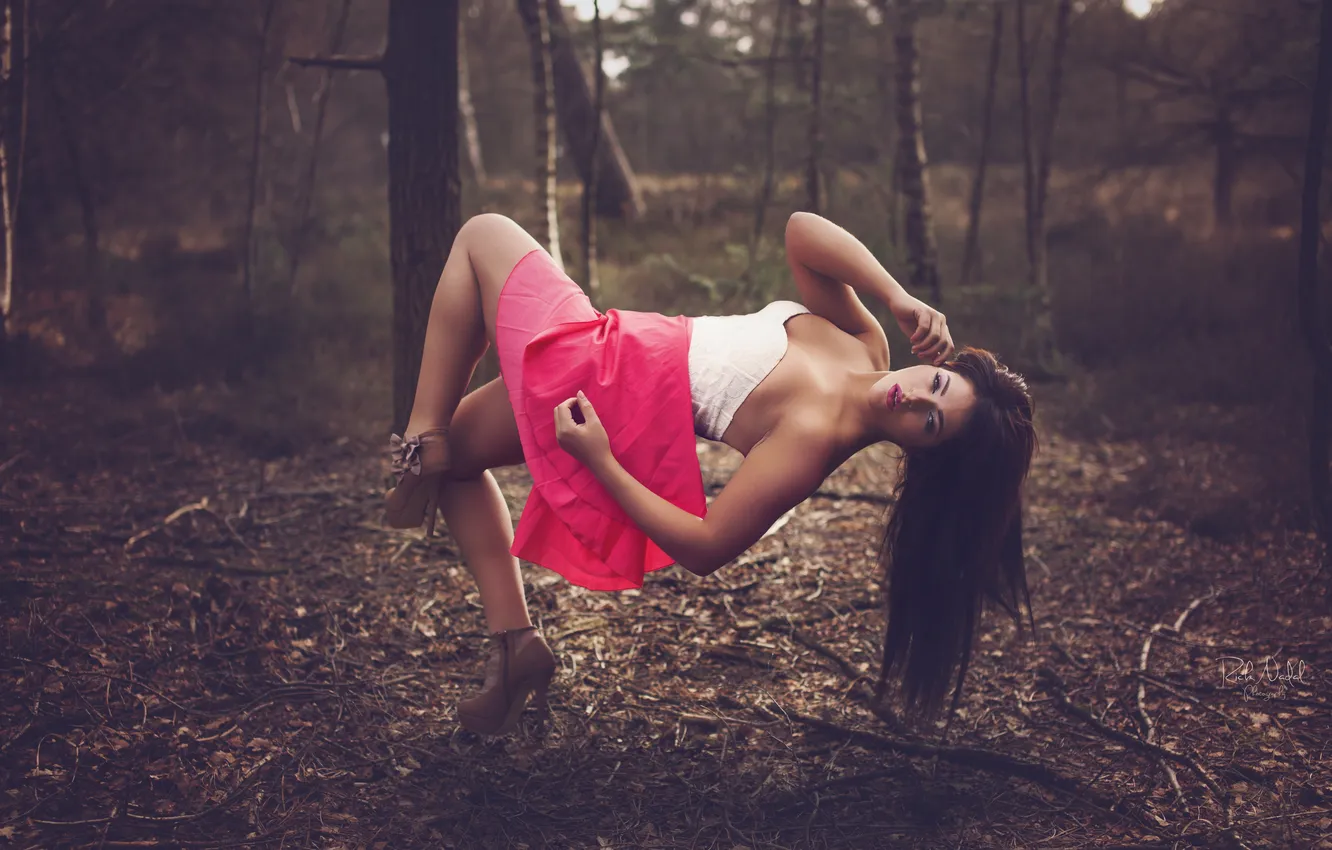 Photo wallpaper forest, look, girl, brown hair, long-haired, levitation