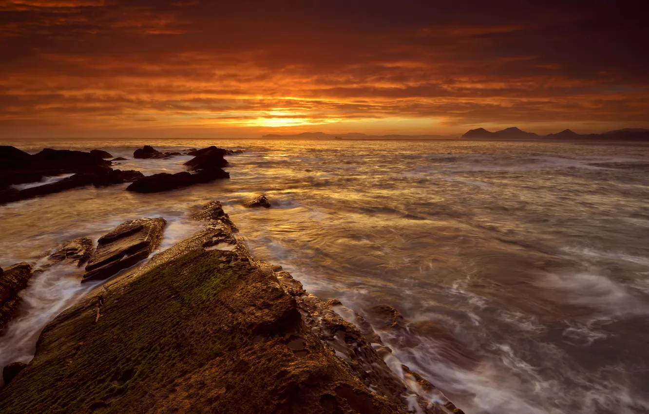 Photo wallpaper sea, the sky, clouds, stones, dawn, Spain, Spain