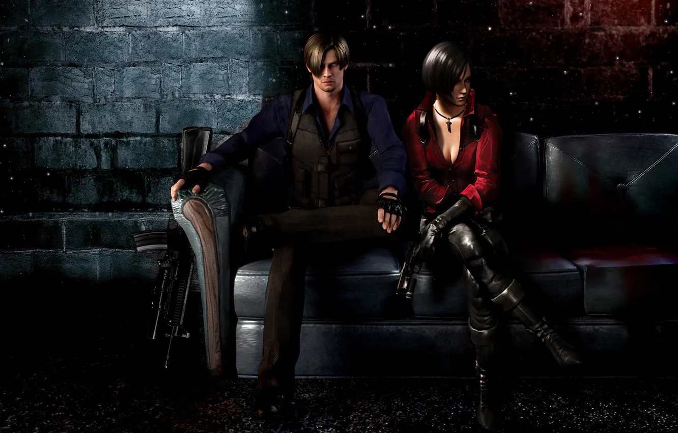 Photo wallpaper gun, weapons, sofa, machine, fanart, Resident Evil 6, Leon Scott Kennedy, Ada Wong