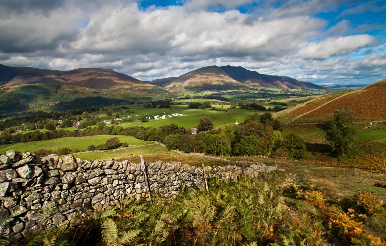 Photo wallpaper field, the sky, clouds, trees, mountains, the fence, UK, stone