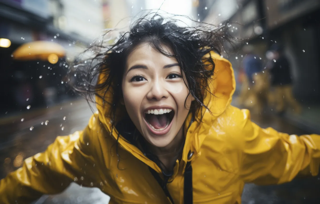 Photo wallpaper look, girl, joy, smile, rain, digital art, AI art, The Art of Artificial Intelligence