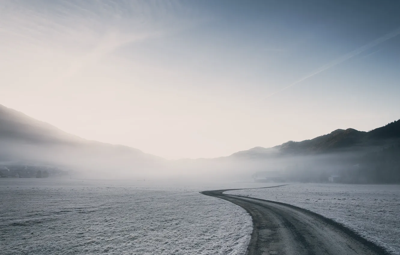 Photo wallpaper road, snow, fog