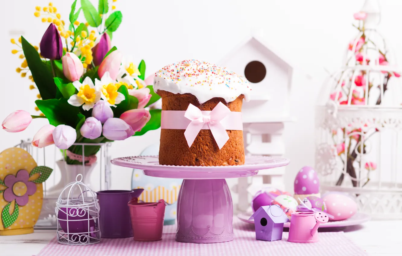 Photo wallpaper eggs, Easter, tulips, cake, cake, cakes, tulips, glaze