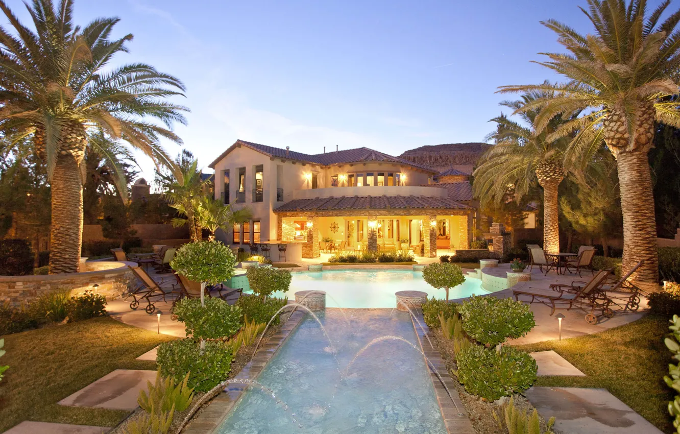 Photo wallpaper style, palm trees, table, sofa, chair, pool, fountain, house