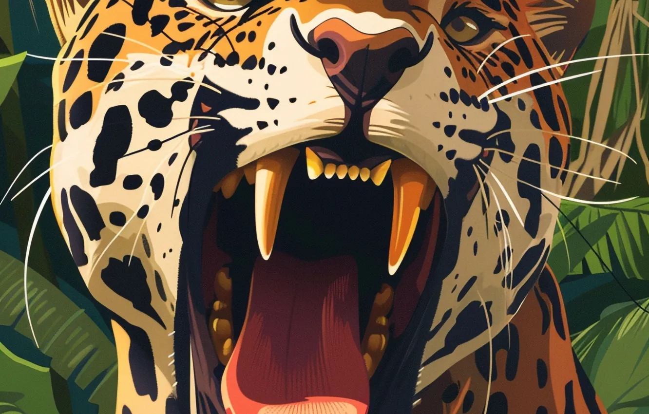 Photo wallpaper face, predator, art, mouth, fangs, grin, Jaguar, big cat