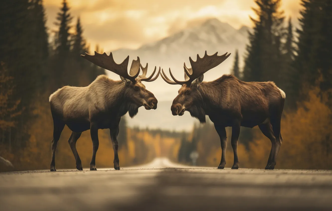 Photo wallpaper road, horns, two, moose, digital art, AI art, The Art of Artificial Intelligence, neural network
