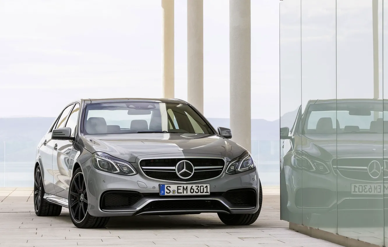 Photo wallpaper Mercedes-Benz, Glass, Reflection, Machine, Grey, AMG, The front, E 63