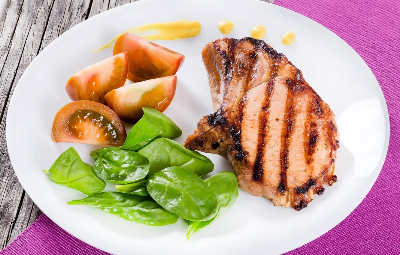 Photo wallpaper greens, meat, tomatoes, steak