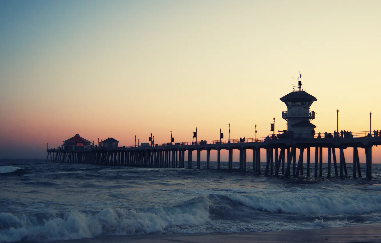 Photo wallpaper sea, wave, sunset, pierce