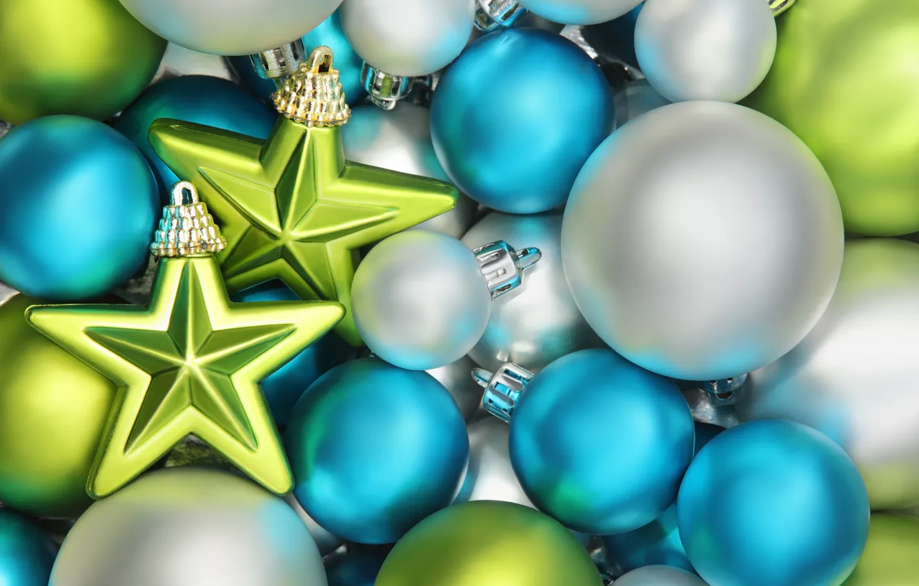 Photo wallpaper winter, stars, balls, green, holiday, blue, balls, toy