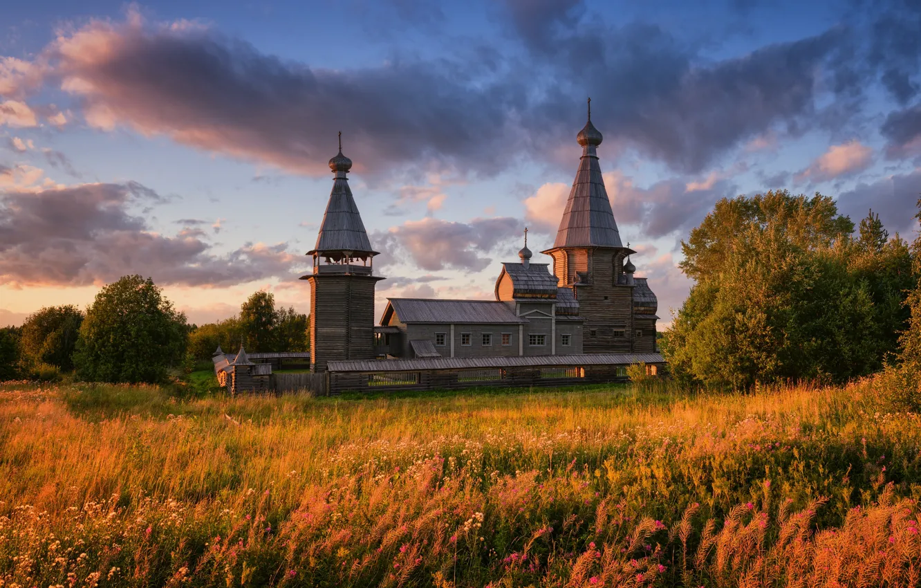 Photo wallpaper field, autumn, clouds, light, trees, meadow, Church, temple