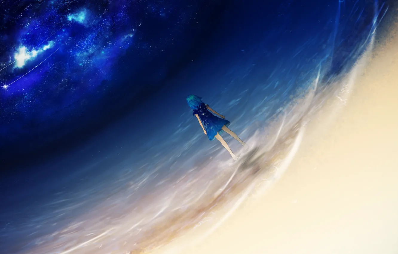 Photo wallpaper sea, girl, night, shooting stars, Y_Y