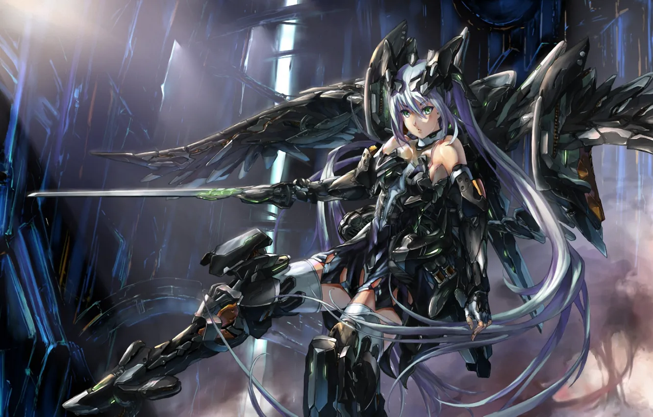 Photo wallpaper girl, metal, weapons, robot, sword, art, fur, blue+